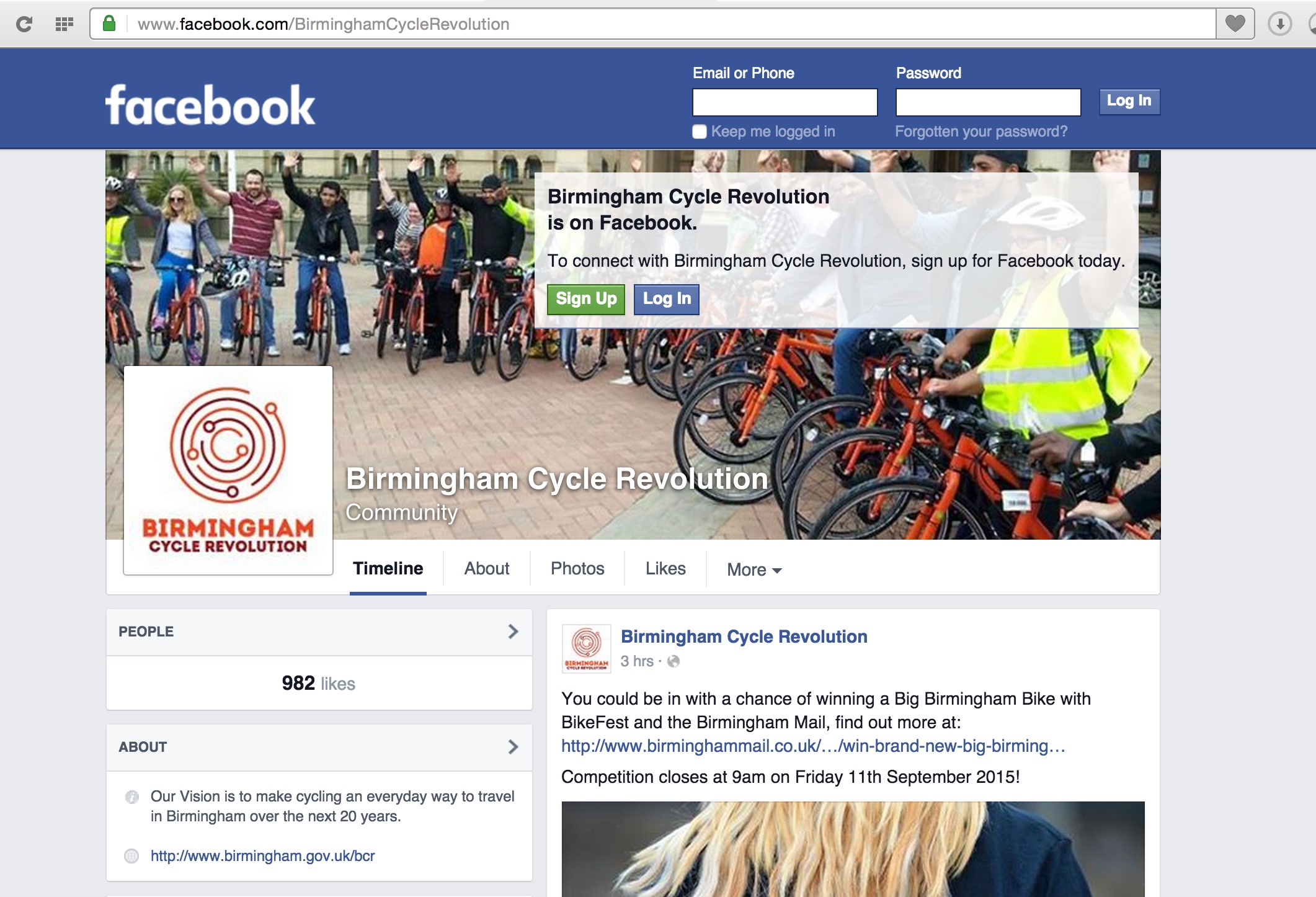 Screenshot of Birmingham Cycle Revolution's Facebook page