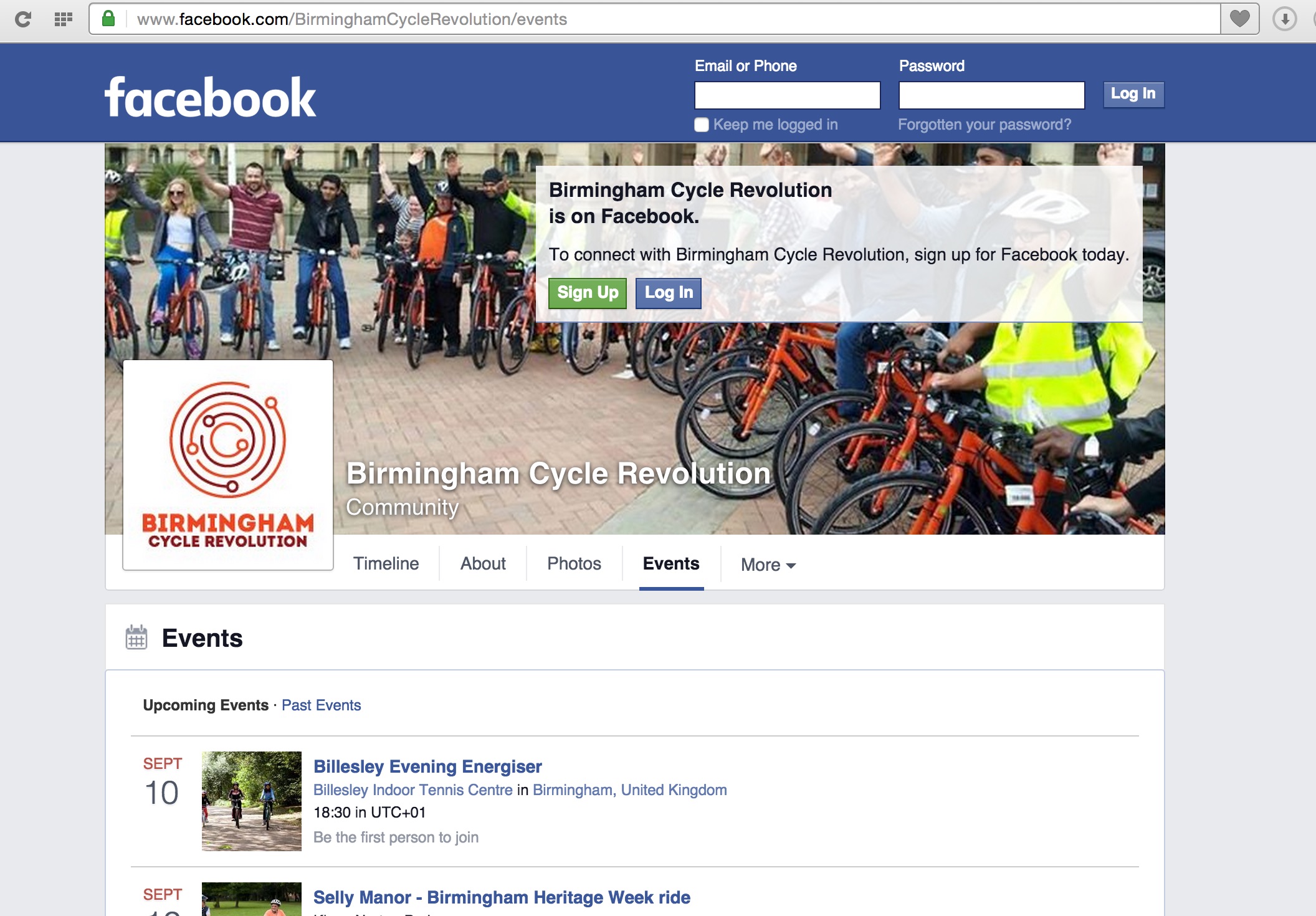 Screenshot of Birmingham Cycle Revolution's Facebook events page