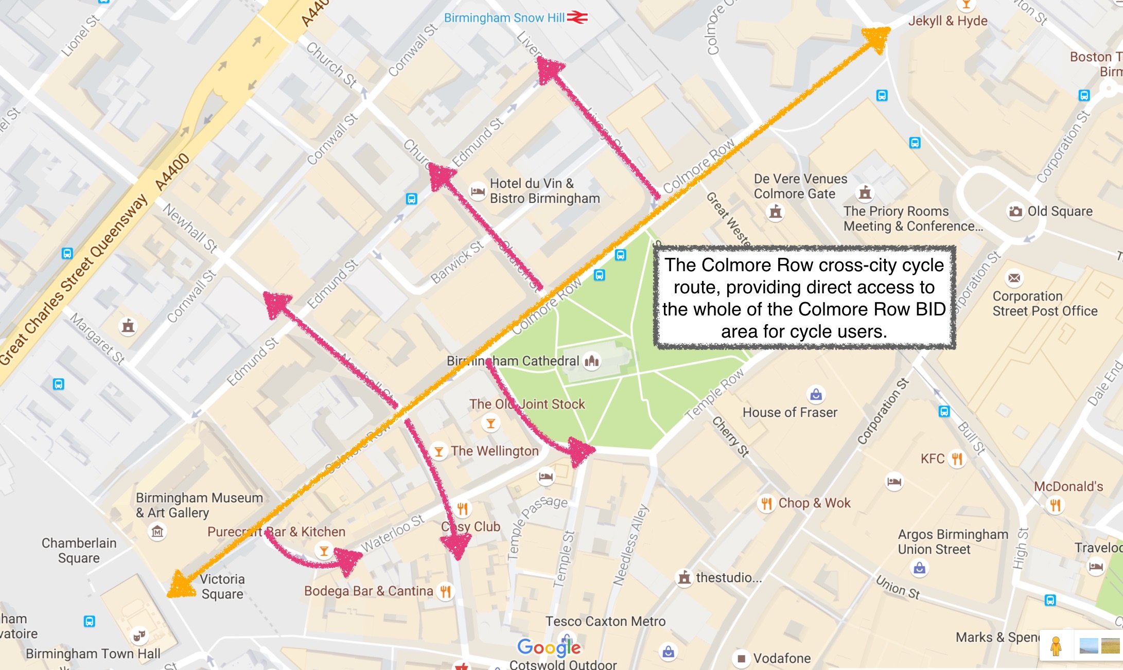 Route of Colmore Row Cross-City cycle route