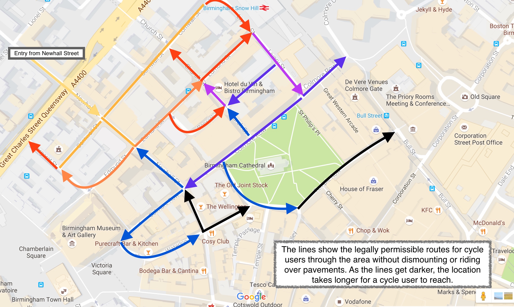 Cycle routes around Colmore Row as you approach from Newhall Street