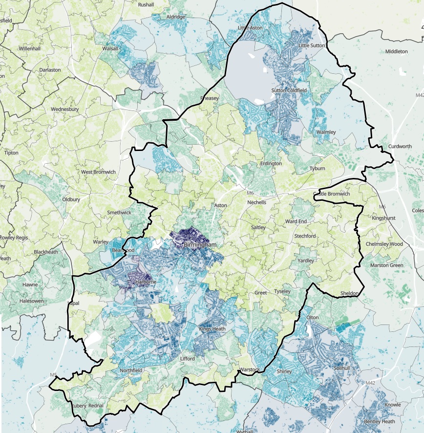 An AI generated map that indicates openness to cycling as transport in Birmingham