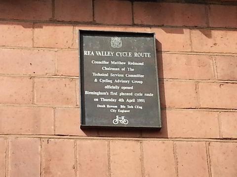 Plaque from the official opening of the Rea Valley Cycle Route