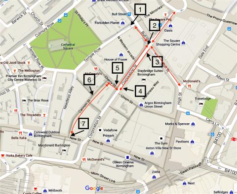 Map of the cycle route along Corporation Street