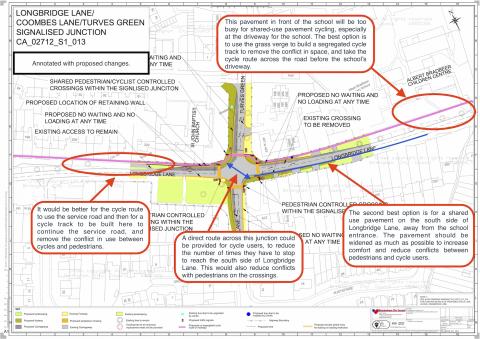 An annotated plan showing the junction of Longbridge Lane and Turves Green