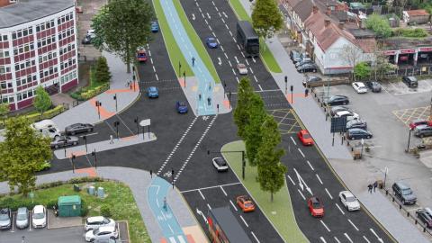 A visualisation of the Great Stone Road junction with Bristol Road showing a new cycle track.