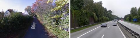 diptych showing either side of a sound baffle wall next to a motorway near Hamburg