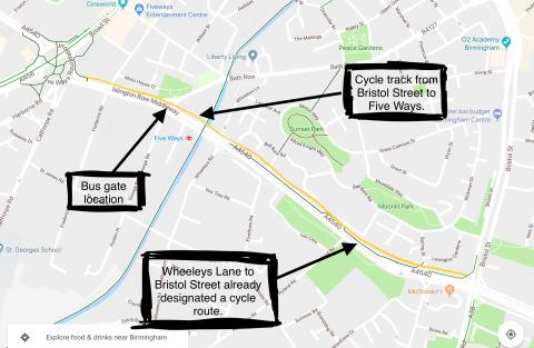 Route of cycle track from Bristol Street to Five Ways