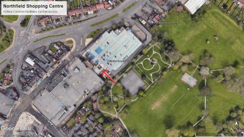 Northfield Shopping Centre aerial view, showing the distance to the park
