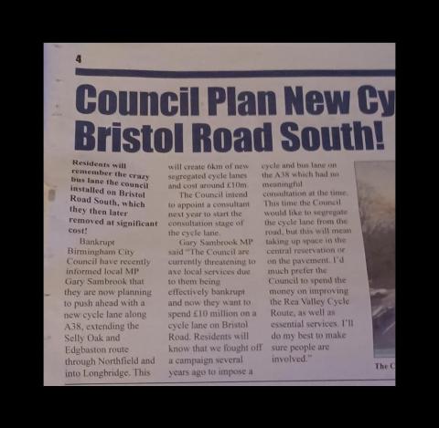 Sambrook newsletter article on A38 cycleway extension