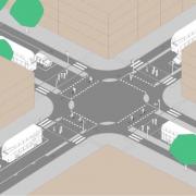 Image of crossroads with segregated cycle lanes allowing cycles and pedestrians to cross at the same time (Brian Deegan)