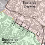 Map showing the boundary between East Side and South Side.