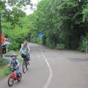 Woman and child cycling in Erlangen