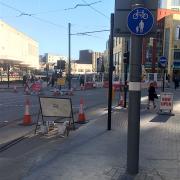 Shared use sign at the Corporation Street & Bull Street crossroads