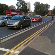 Segregated cycle lane along Pershore Road approaching the Priory Road junction